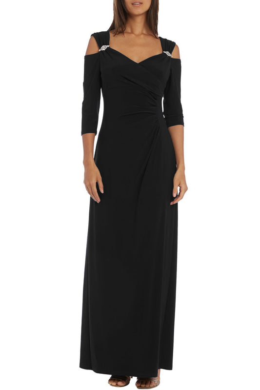 Elegant Black Cold Shoulder Evening Gown with Rhinestone Accents