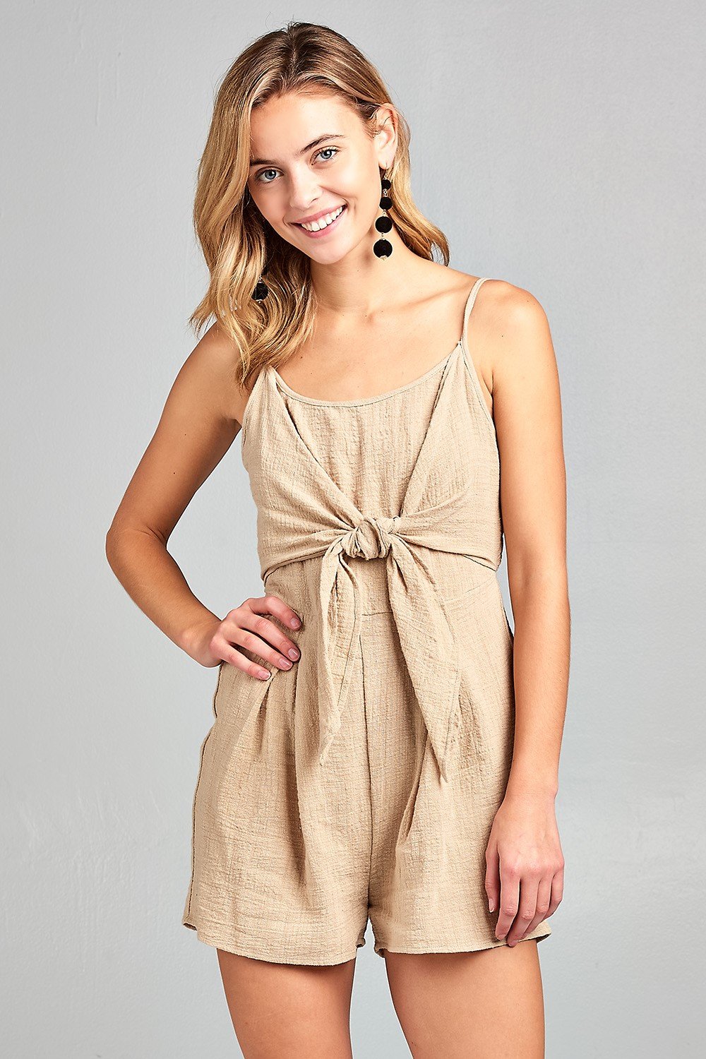 Sleeveless Front Tie Cotton Romper with Back Slit Detail