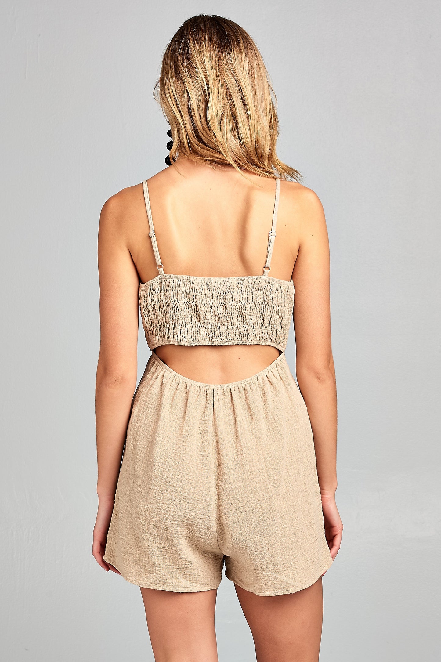 Sleeveless Front Tie Cotton Romper with Back Slit Detail