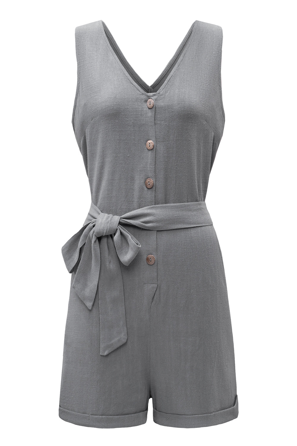 Chic Gray V-Neck Sleeveless Belted Romper for Summer