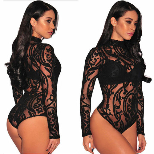 Floral Striped Long Sleeve Bodysuit for Women - Sexy Clubwear