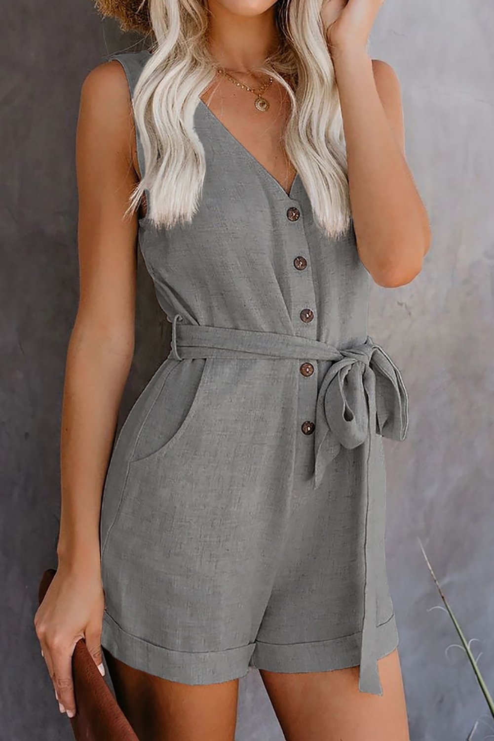 Chic Gray V-Neck Sleeveless Belted Romper for Summer