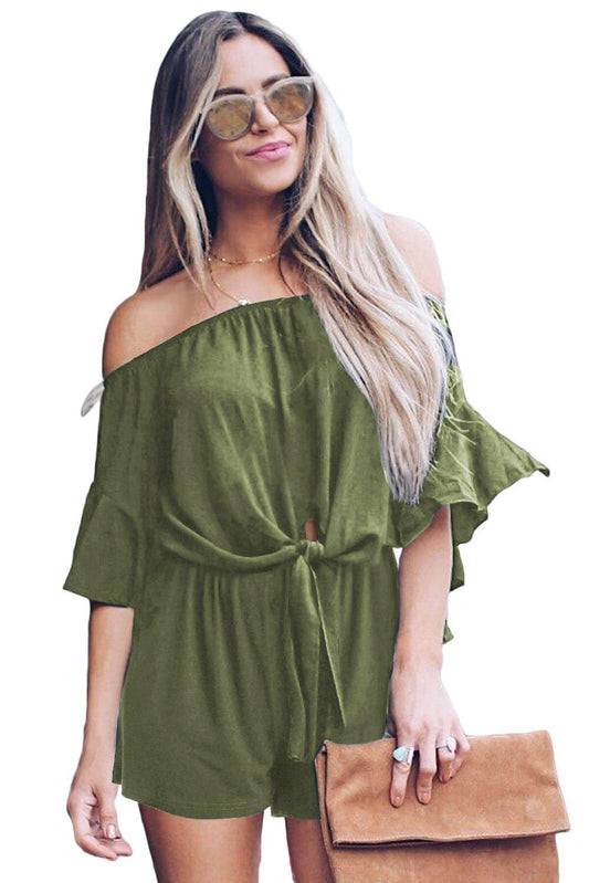 Chic Green Off-Shoulder Bell Sleeve Front Tie Knot Romper