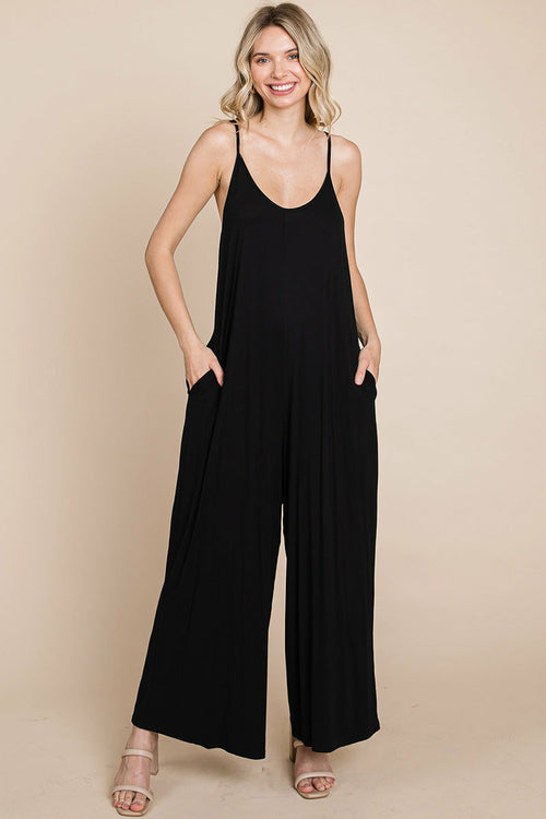 Adjustable Strap Sleeveless Wide Leg Jumpsuit with Pockets