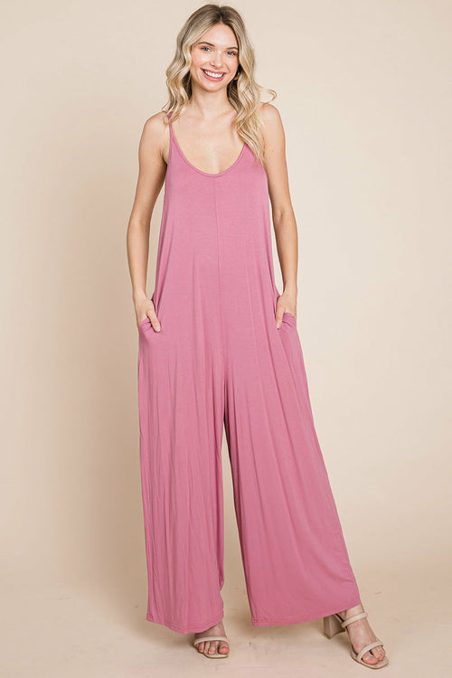 Adjustable Strap Sleeveless Wide Leg Jumpsuit with Pockets