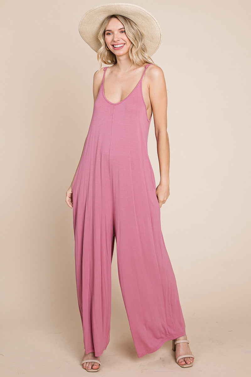 Adjustable Strap Sleeveless Wide Leg Jumpsuit with Pockets