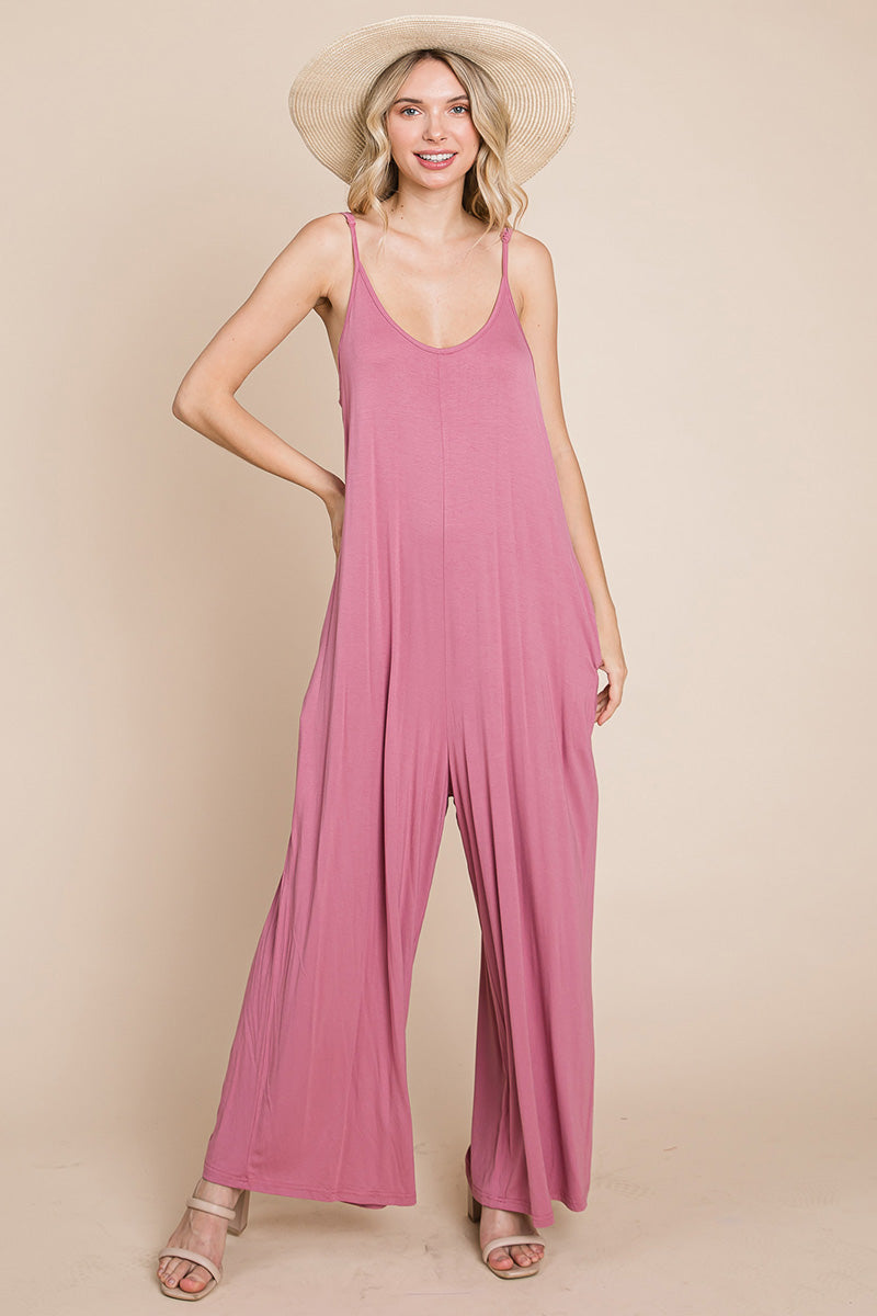 Adjustable Strap Sleeveless Wide Leg Jumpsuit with Pockets