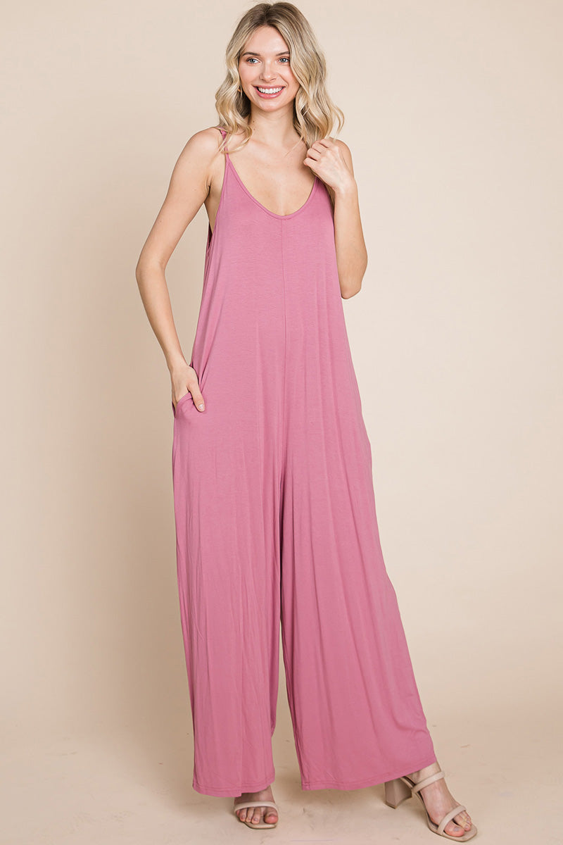 Adjustable Strap Sleeveless Wide Leg Jumpsuit with Pockets