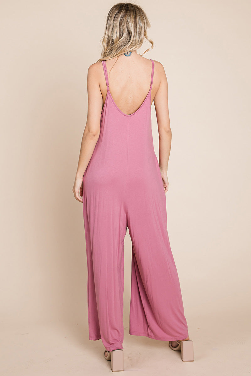 Adjustable Strap Sleeveless Wide Leg Jumpsuit with Pockets