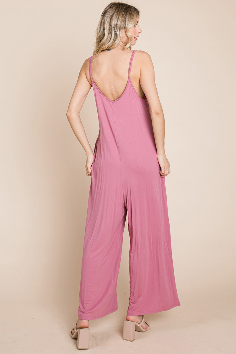 Adjustable Strap Sleeveless Wide Leg Jumpsuit with Pockets