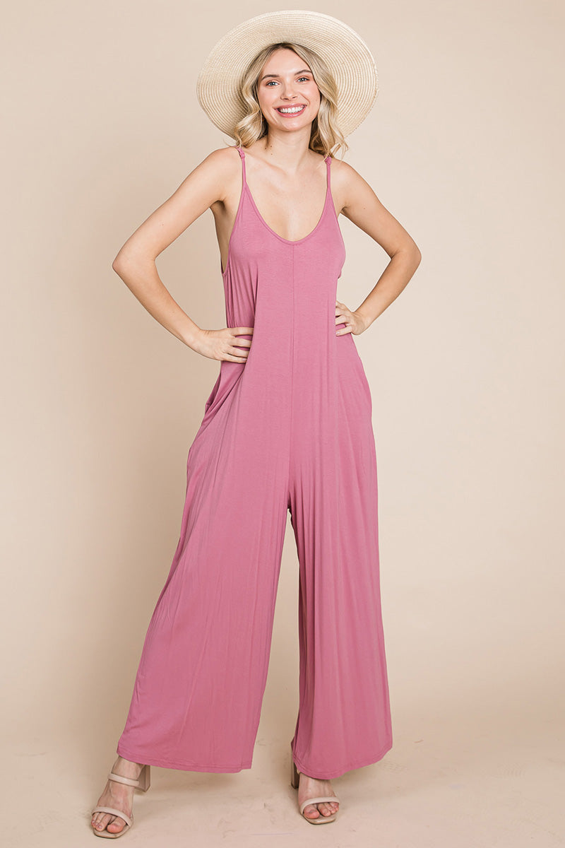 Adjustable Strap Sleeveless Wide Leg Jumpsuit with Pockets