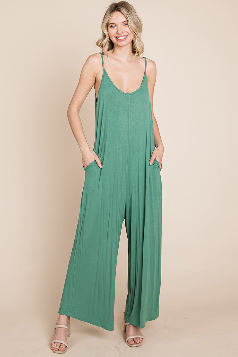 Adjustable Strap Sleeveless Wide Leg Jumpsuit with Pockets