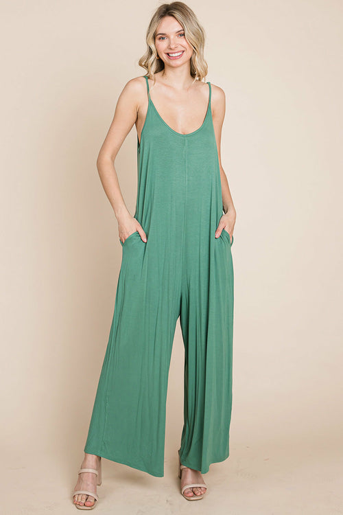 Adjustable Strap Sleeveless Wide Leg Jumpsuit with Pockets