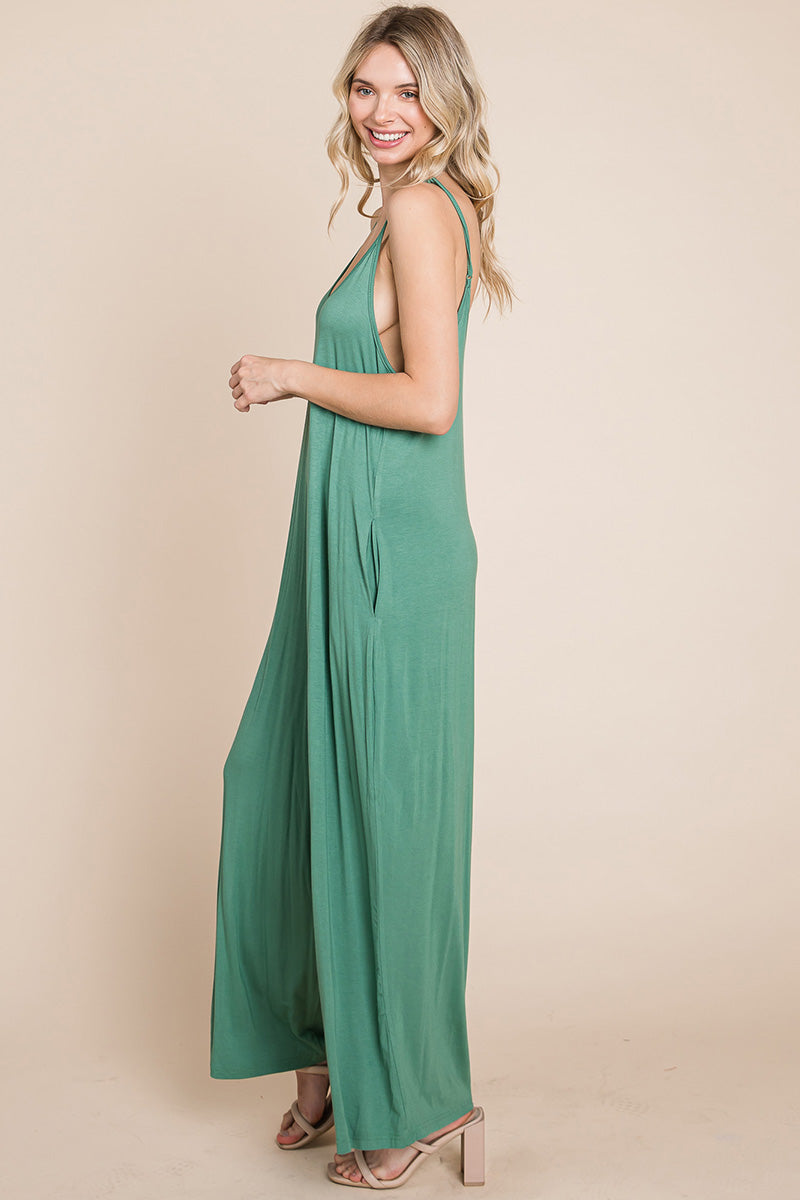 Adjustable Strap Sleeveless Wide Leg Jumpsuit with Pockets