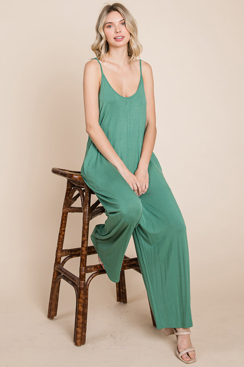 Adjustable Strap Sleeveless Wide Leg Jumpsuit with Pockets