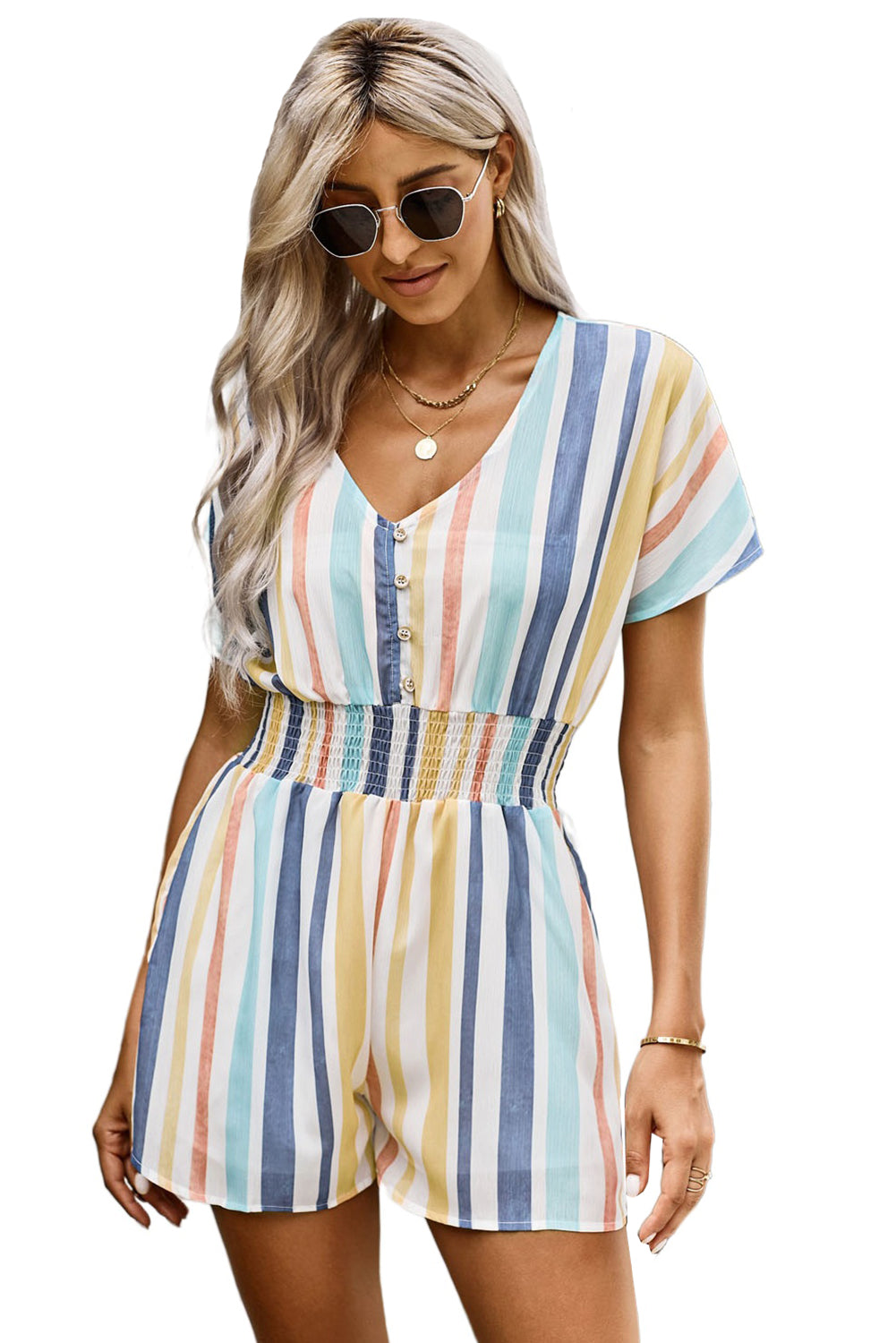 Vibrant Striped V-Neck Button-Up Summer Romper