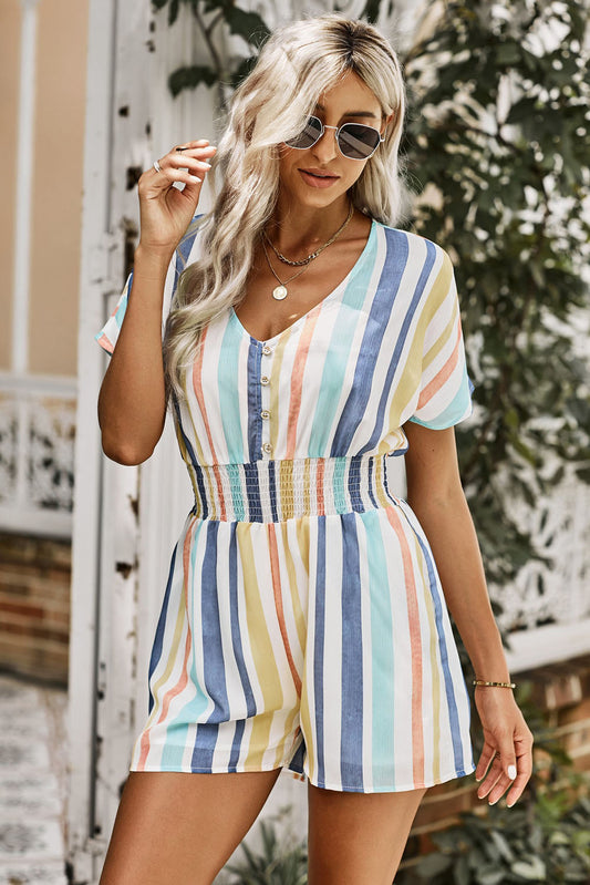 Vibrant Striped V-Neck Button-Up Summer Romper