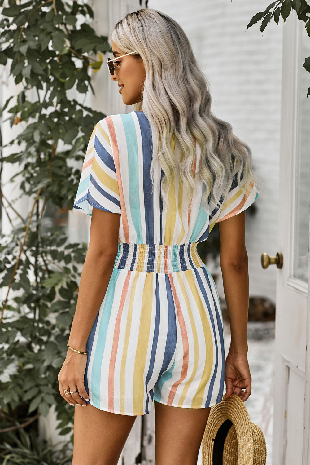 Vibrant Striped V-Neck Button-Up Summer Romper