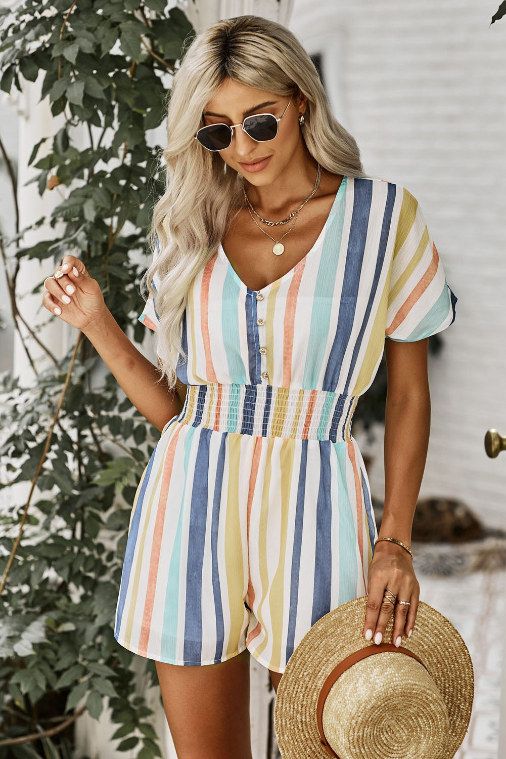 Vibrant Striped V-Neck Button-Up Summer Romper