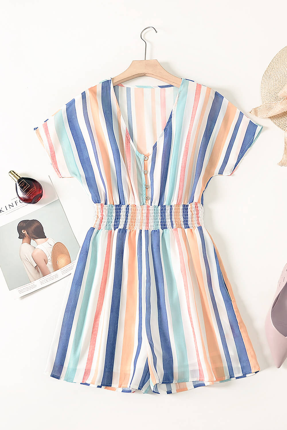 Vibrant Striped V-Neck Button-Up Summer Romper