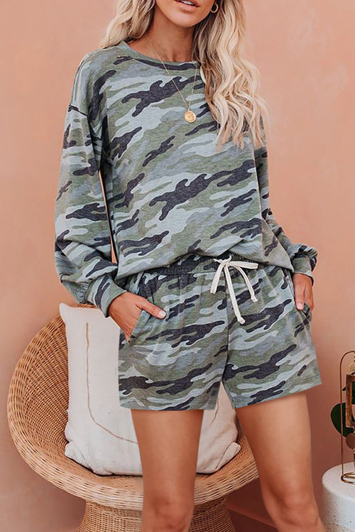 Camo Print Cozy Long Sleeve Pullover and Shorts Set