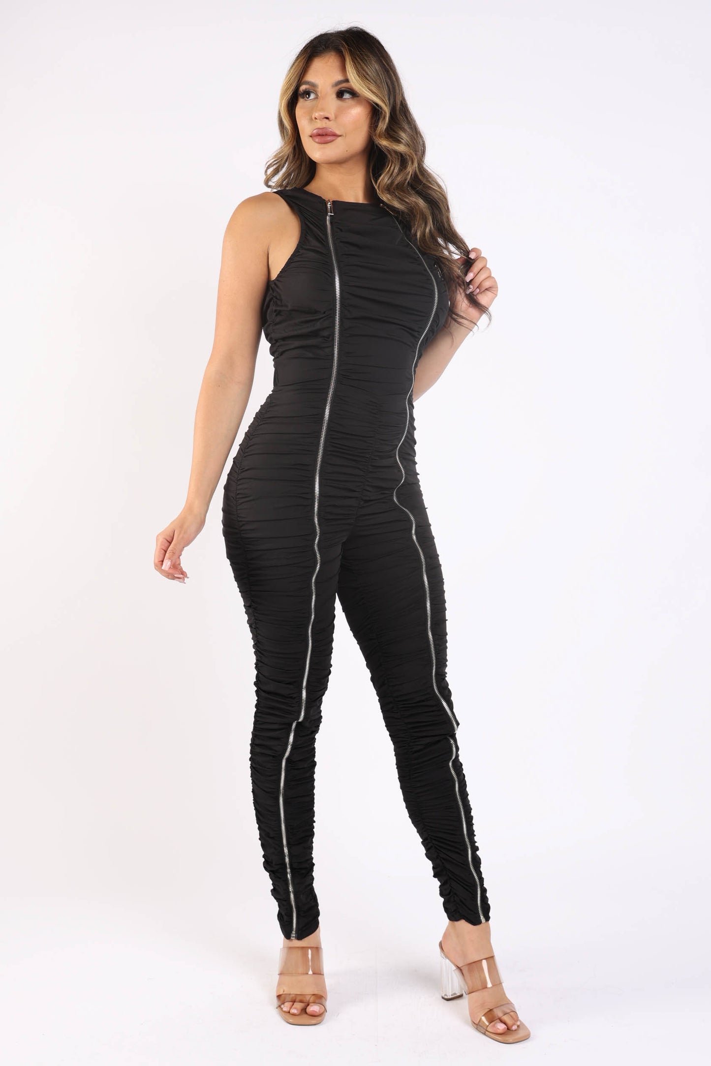 Sporty Ruffled Bodycon Jumpsuit with Track Zipper - BLACK