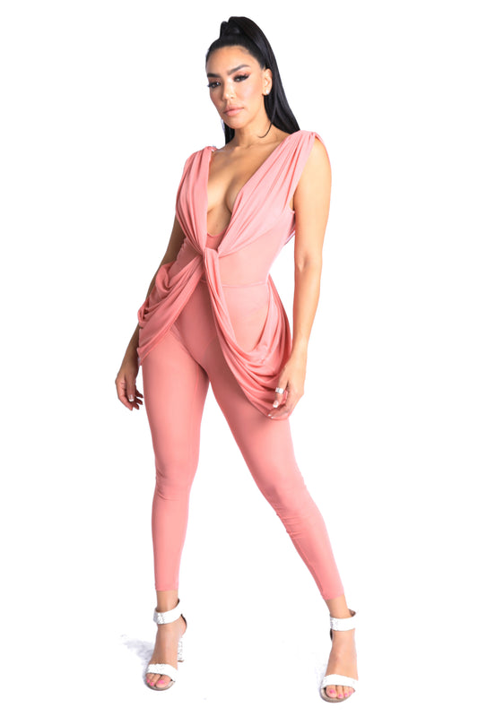 Draped Mesh Party Jumpsuit with Sleeveless Design in Mauve