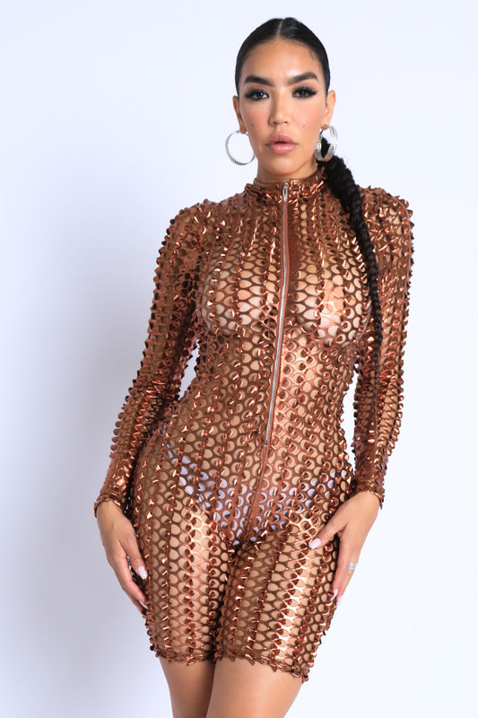 Chic Long Sleeve Mesh Cutout Jumpsuit in Bronze