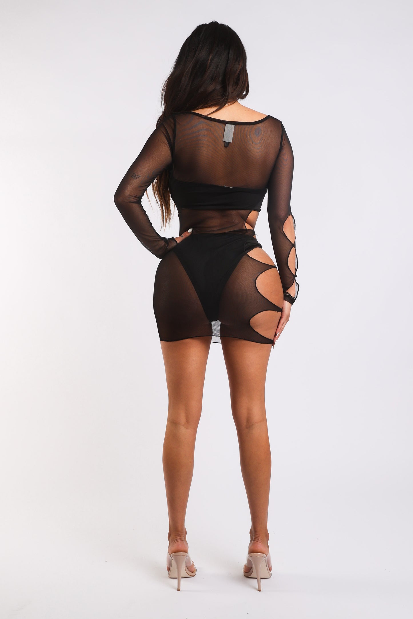 Daring Sheer Mesh Long Sleeve Cut-Out Dress in Black