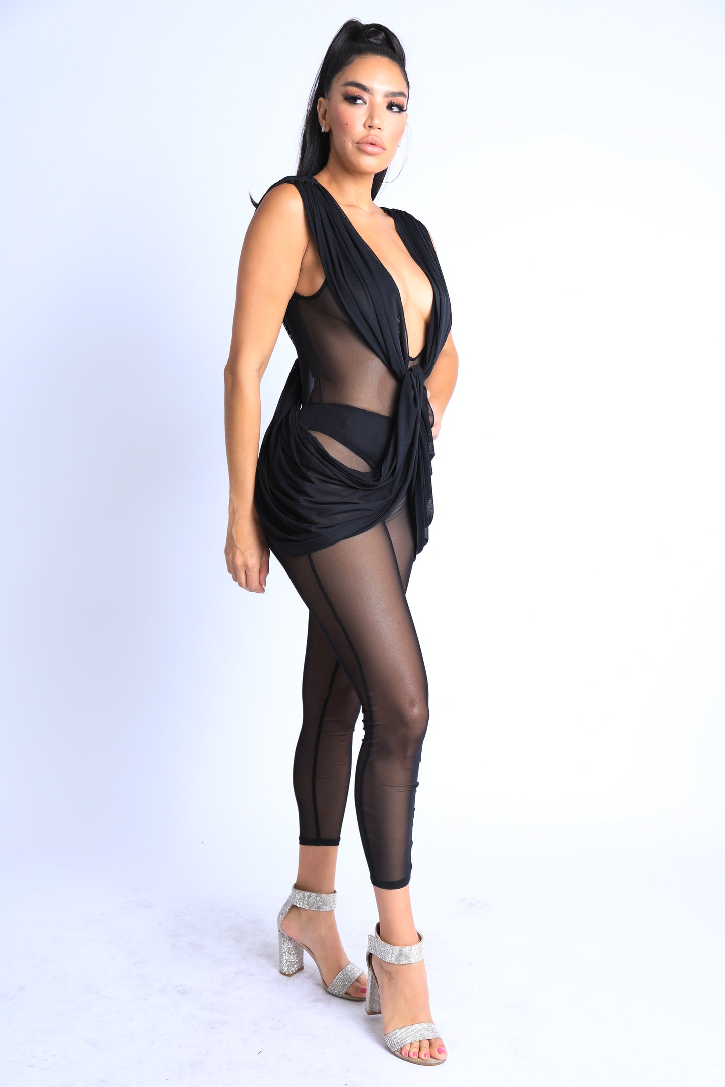 Chic Black Sleeveless Draped Mesh Jumpsuit for Night Out and Parties