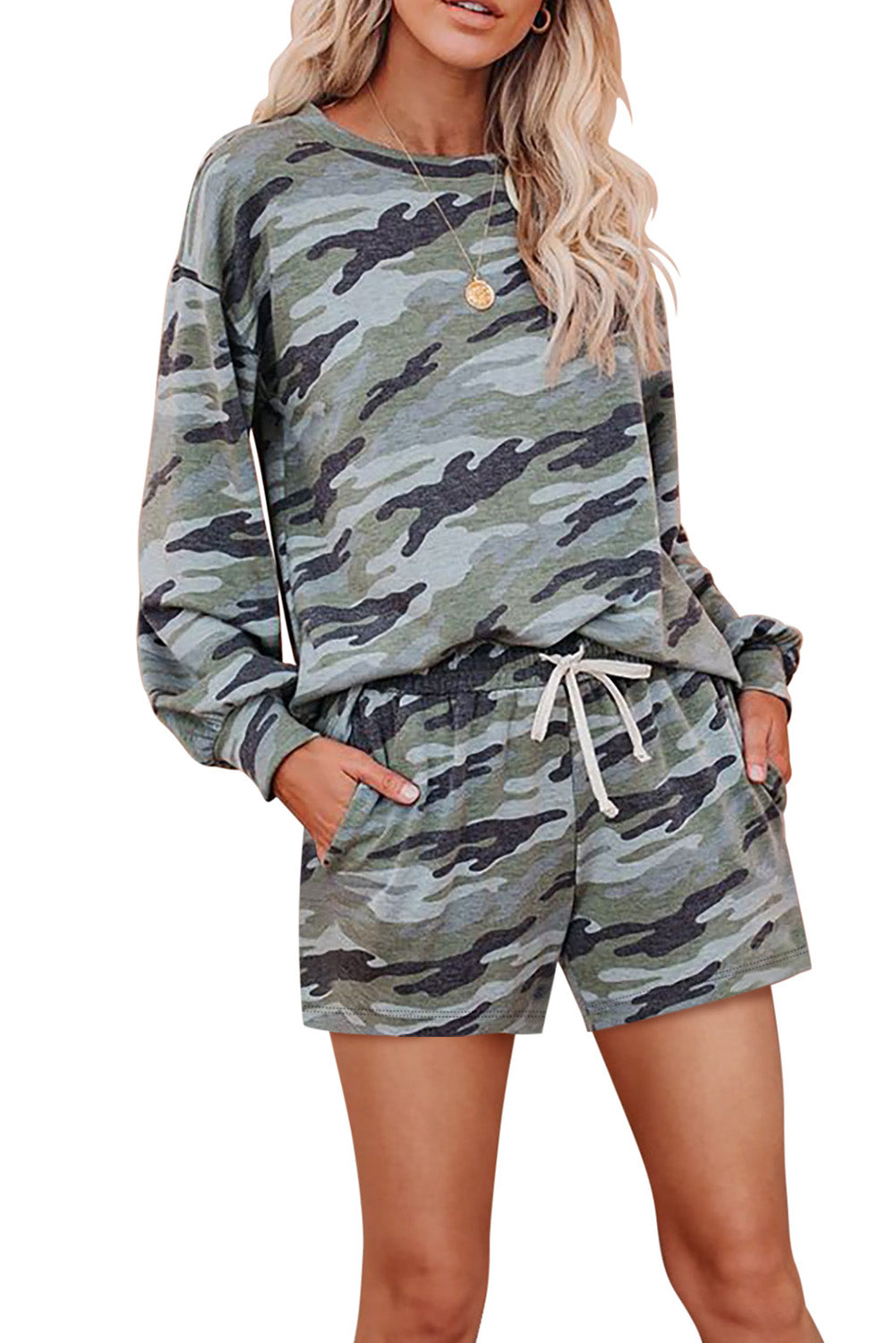 Camo Print Cozy Long Sleeve Pullover and Shorts Set