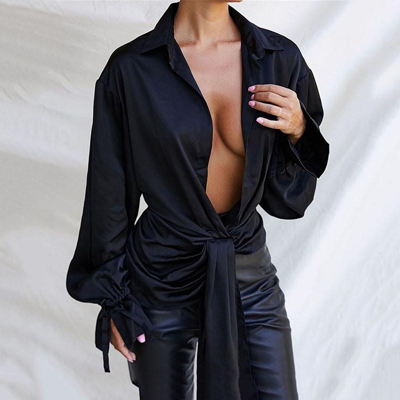 Chic Black V-Neck Petal Sleeve Blouse for Women - Irregular Bandage Style